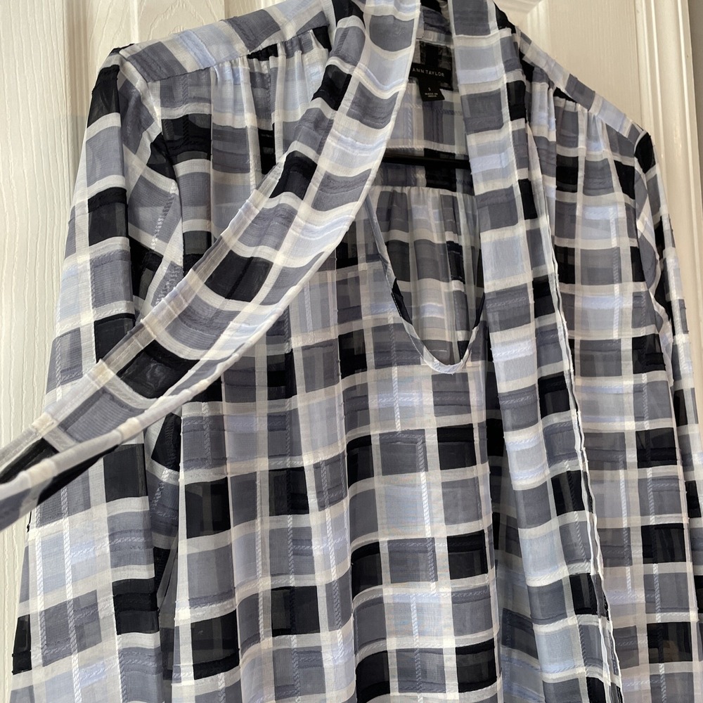 Ann Taylor Sheer Blouse Small Blue Plaid Tie Neck Long Sleeve Office Workwear - Picture 3 of 16